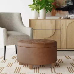 Kirklands Home Round Faux Leather Tufted Storage Ottoman Brown New