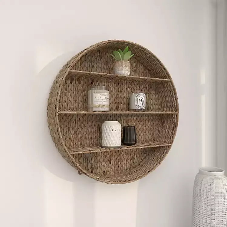 Kirklands Home Brown Sea Grass Woven Round Wall Shelf Outlet