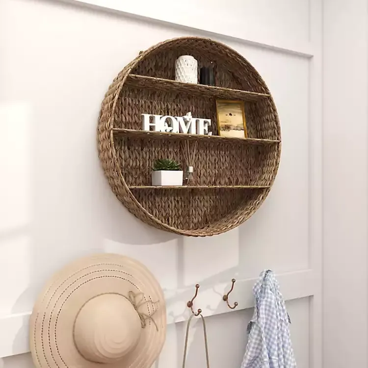 Kirklands Home Brown Sea Grass Woven Round Wall Shelf Outlet