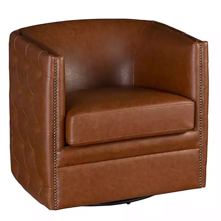 Kirklands Home Tufted Faux Leather Barrel Swivel Chair Brown Online