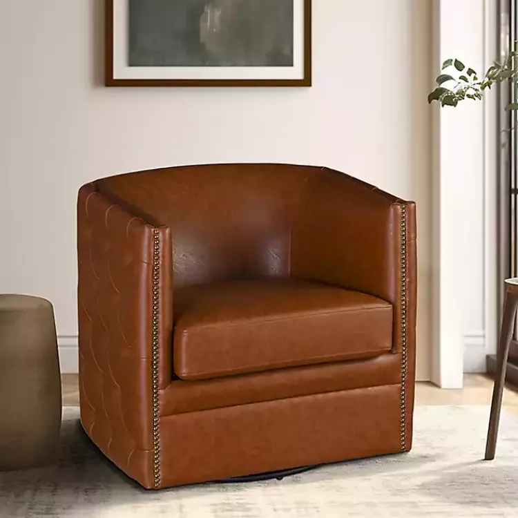 Kirklands Home Tufted Faux Leather Barrel Swivel Chair Brown Online