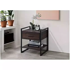 Kirklands Home Wood & Black Metal Frame Nightstand Brown New