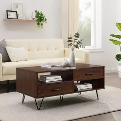Kirklands Home Brown Wood & Black Metal Hairpin Legs Coffee Table Outlet