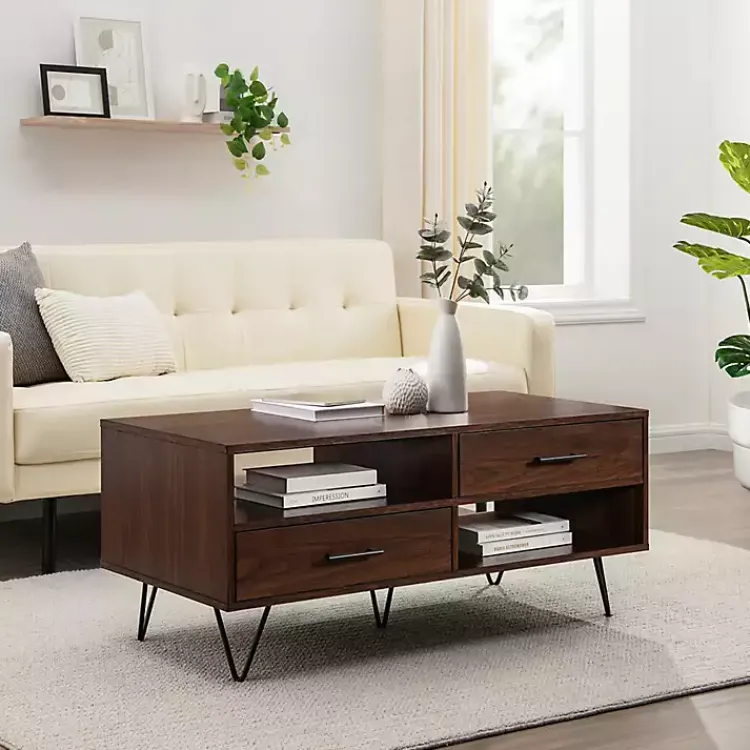 Kirklands Home Brown Wood & Black Metal Hairpin Legs Coffee Table Outlet