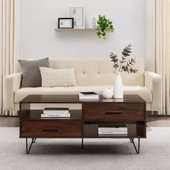 Kirklands Home Brown Wood & Black Metal Hairpin Legs Coffee Table Outlet