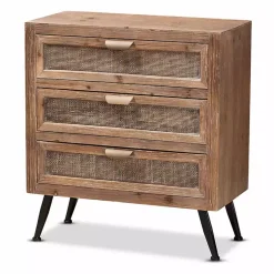 Kirklands Home Wood and Rattan 3-Drawer Cabinet Brown New
