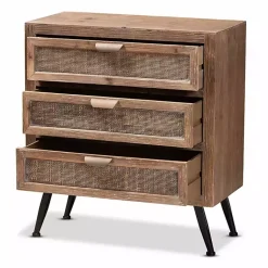 Kirklands Home Wood and Rattan 3-Drawer Cabinet Brown New