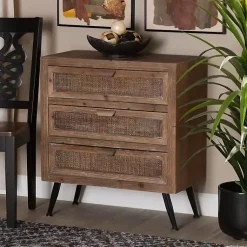 Kirklands Home Wood and Rattan 3-Drawer Cabinet Brown New