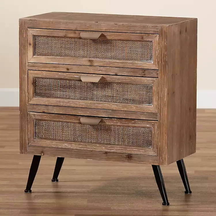 Kirklands Home Wood and Rattan 3-Drawer Cabinet Brown New