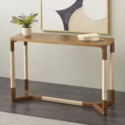 Kirklands Home Wood and Rope Geometric Console Table Brown Clearance
