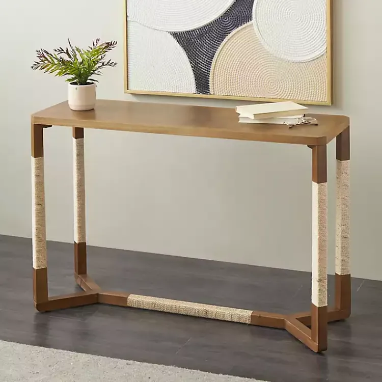 Kirklands Home Wood and Rope Geometric Console Table Brown Clearance