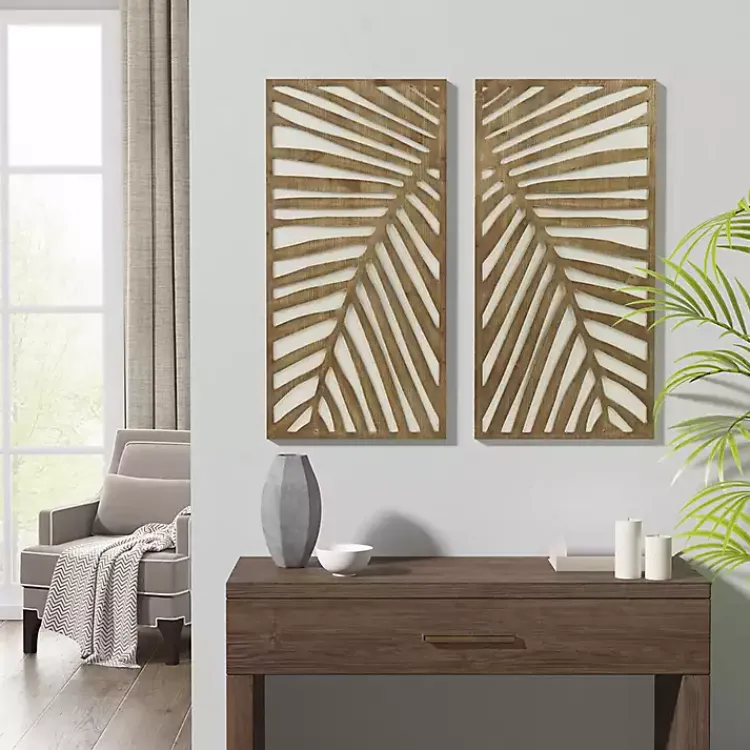 Kirklands Home Brown Wood Birch Palms Wall Plaques, Set of 2