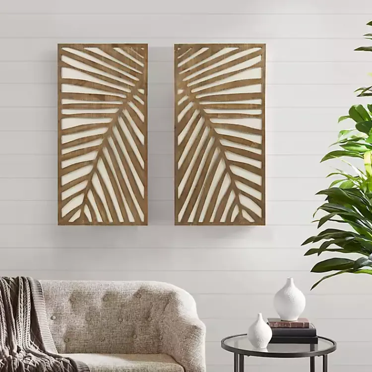 Kirklands Home Brown Wood Birch Palms Wall Plaques, Set of 2