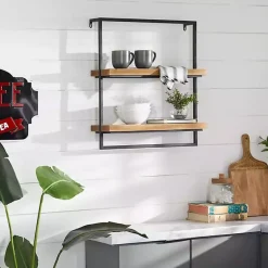Kirklands Home Brown Wood Black Metal Frame Wall Shelves New