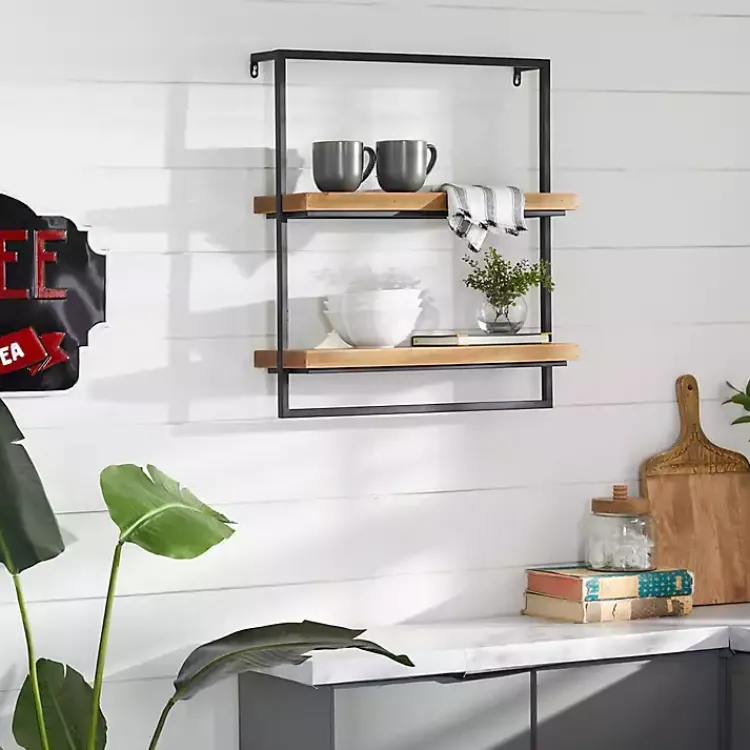 Kirklands Home Brown Wood Black Metal Frame Wall Shelves New
