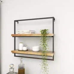 Kirklands Home Brown Wood Black Metal Frame Wall Shelves New