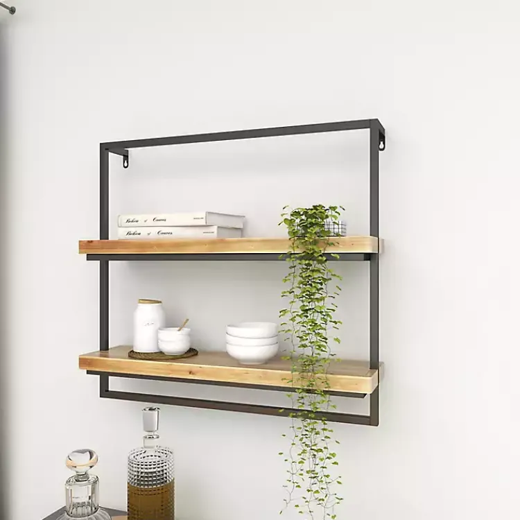 Kirklands Home Brown Wood Black Metal Frame Wall Shelves New