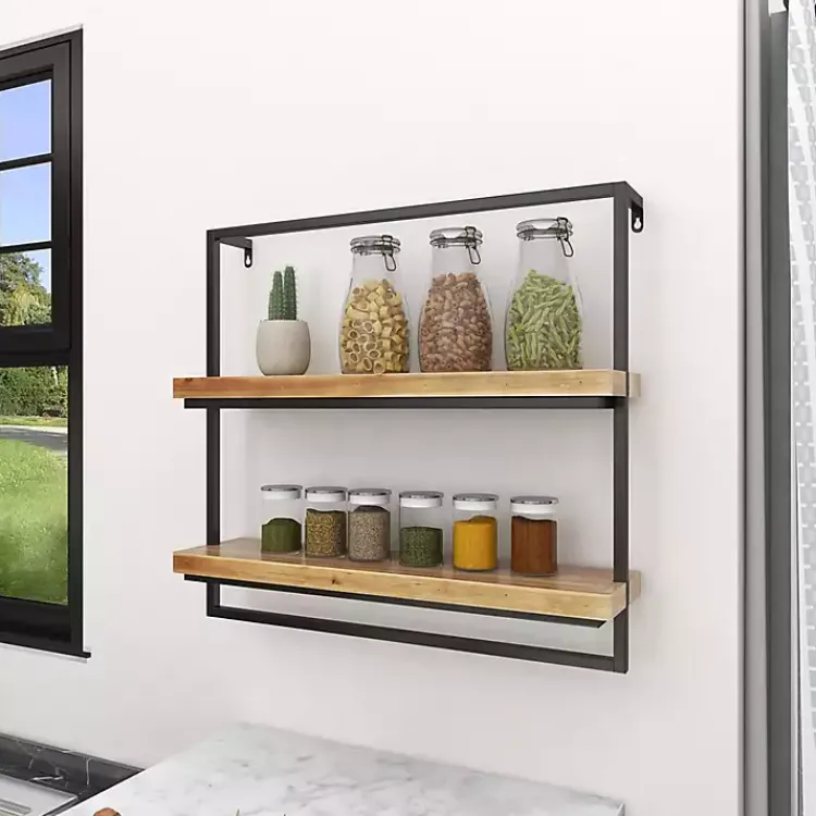 Kirklands Home Brown Wood Black Metal Frame Wall Shelves New