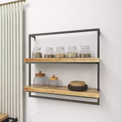 Kirklands Home Brown Wood Black Metal Frame Wall Shelves New