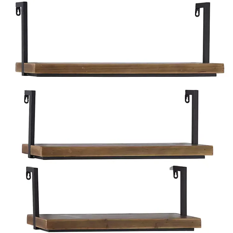 Kirklands Home Brown Wood Black Metal Frame 3-pc. Wall Shelves Hot