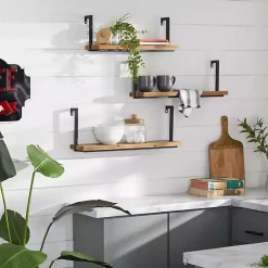 Kirklands Home Brown Wood Black Metal Frame 3-pc. Wall Shelves Hot
