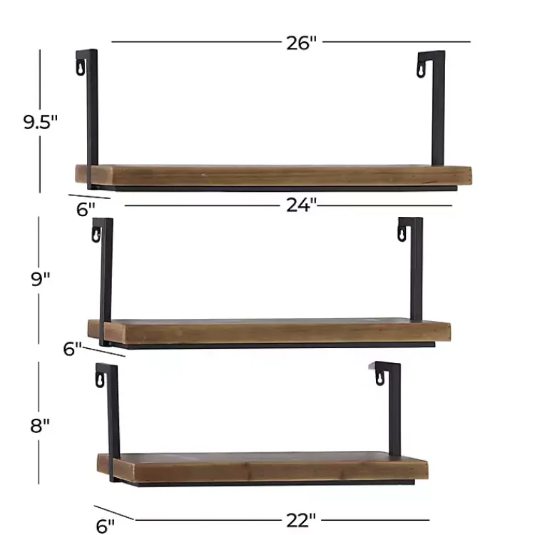 Kirklands Home Brown Wood Black Metal Frame 3-pc. Wall Shelves Hot