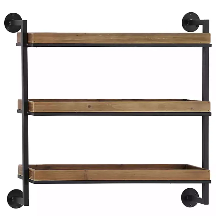Kirklands Home Brown Wood Black Metal Pipe Frame Wall Shelf New