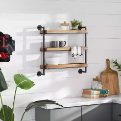 Kirklands Home Brown Wood Black Metal Pipe Frame Wall Shelf New