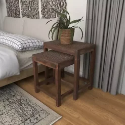 Kirklands Home Wood Carved Floral Nesting Tables, Set of 2 Brown