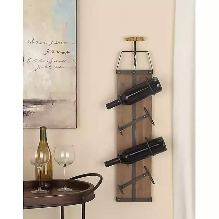 Kirklands Home Wood Panel Black Metal Wine Rack Brown