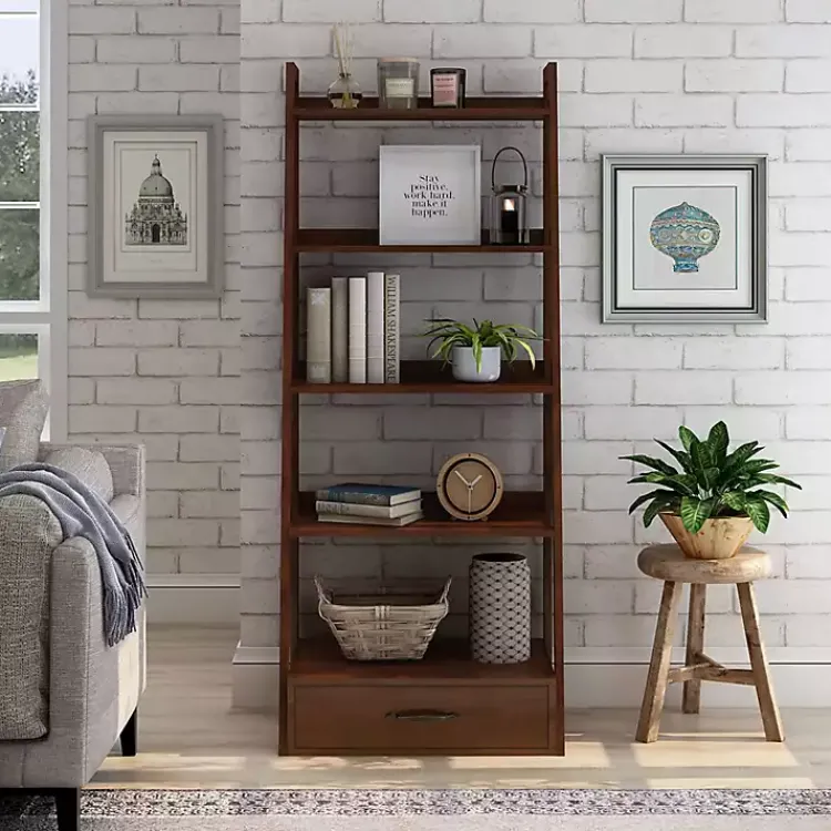 Kirklands Home Wood 5-Shelf Leaning Bookshelf Brown