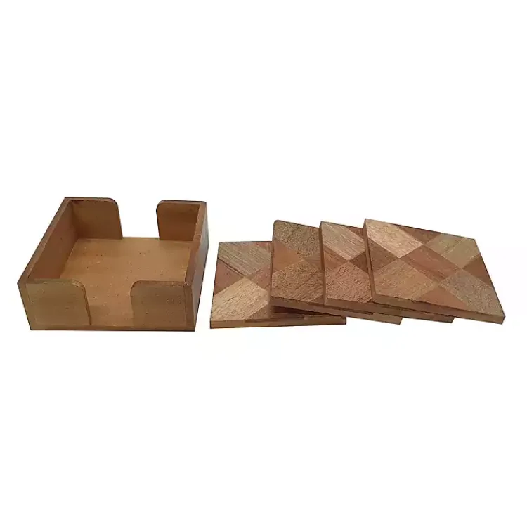 Kirklands Home Wood Tile Coasters and Holder, Set of 5 Brown Discount
