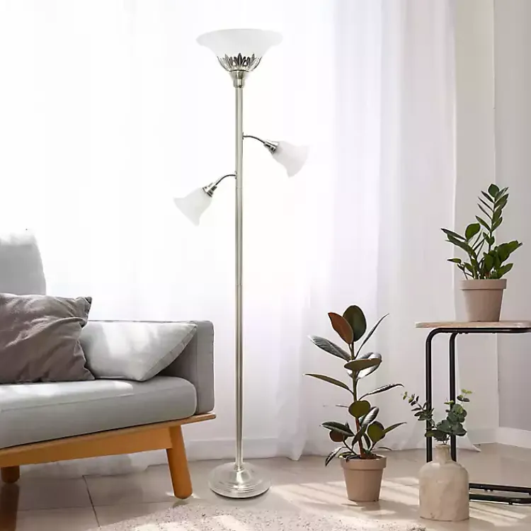 Kirklands Home Brushed Nickel 3-Scallop Glass Floor Lamp Gray New