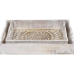 Decorative Trays>Kirklands Home Brushed Mandala Carved Trays, Set of 2 White