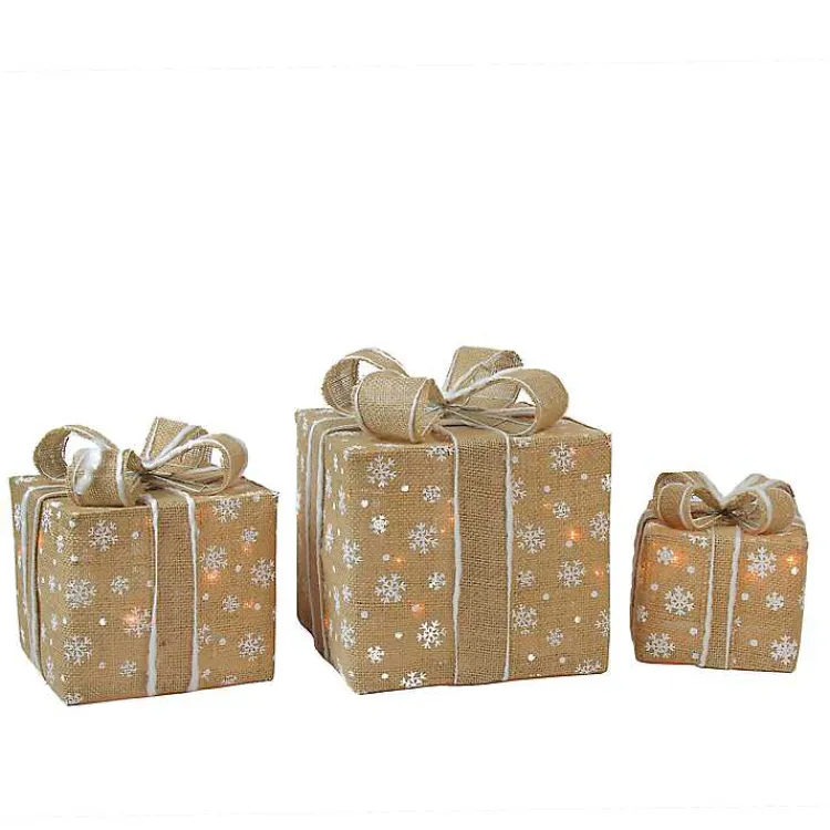 Outdoor Christmas Decorations>Kirklands Home Burlap Snowflake Pre-Lit Christmas Gifts, Set of 3