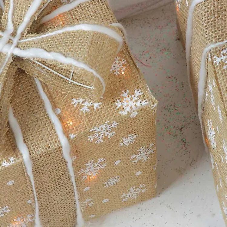 Outdoor Christmas Decorations>Kirklands Home Burlap Snowflake Pre-Lit Christmas Gifts, Set of 3
