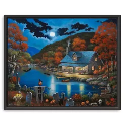 Halloween>Kirklands Home Cabin On Lake Graveyard Framed Canvas Art Print Blue