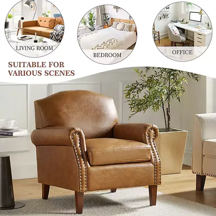 Kirklands Home Camel Faux Leather Nailhead Taylor Armchair Tan New