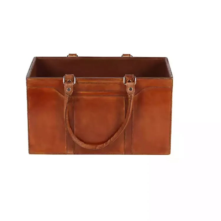 Baskets & Boxes>Kirklands Home Camel Rustic Leather Magazine Rack Basket Brown