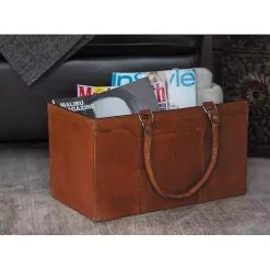 Baskets & Boxes>Kirklands Home Camel Rustic Leather Magazine Rack Basket Brown