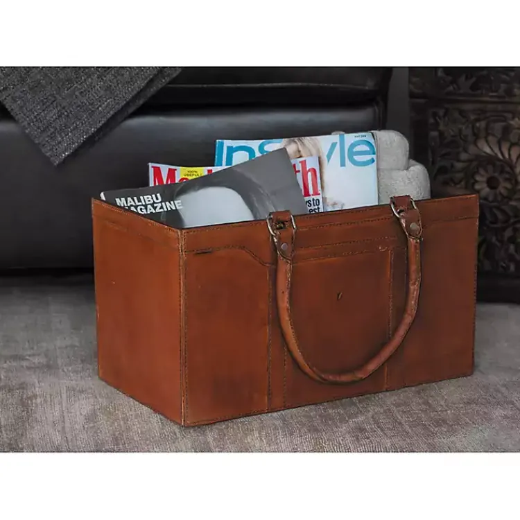 Baskets & Boxes>Kirklands Home Camel Rustic Leather Magazine Rack Basket Brown