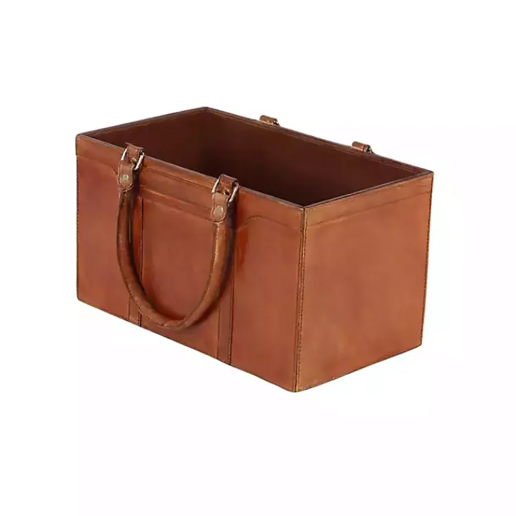 Baskets & Boxes>Kirklands Home Camel Rustic Leather Magazine Rack Basket Brown