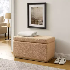 Kirklands Home Camel Sherpa & Pine Recgle Storage Ottoman Tan New