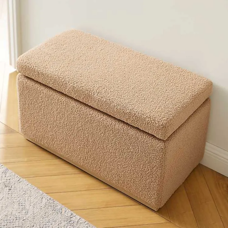 Kirklands Home Camel Sherpa & Pine Recgle Storage Ottoman Tan New