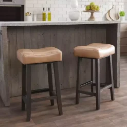 Kirklands Home Camel Wood and Leather Backless Stool Tan Sale