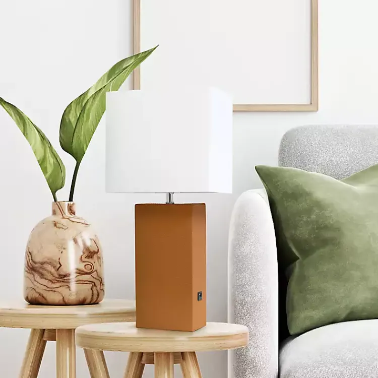 Kirklands Home Caramel Faux Leather Charging Table Lamp Tan Hot