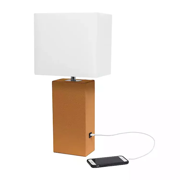 Kirklands Home Caramel Faux Leather Charging Table Lamp Tan Hot