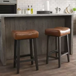 Kirklands Home Caramel Wood and Faux Leather Backless Stool Brown Hot