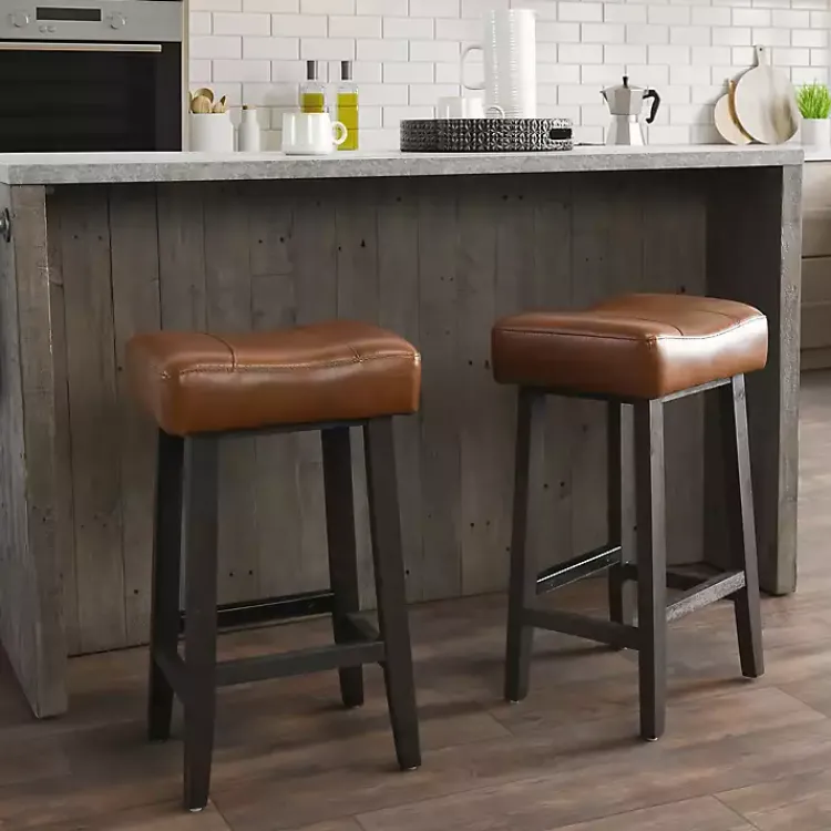 Kirklands Home Caramel Wood and Faux Leather Backless Stool Brown Hot