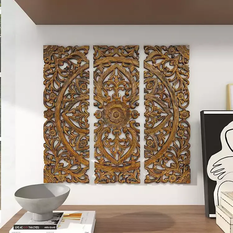 Kirklands Home Carved Mahogany 3-pc. Triptych Wall Panels Gold Online